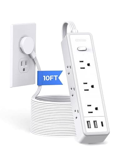Surge Protector Power Strip 10 FT, Flat Extension Cord with 9 Widely Outlets 3 USB Ports(1 USB C), 1080J, Flat Plug, 3 Side Extension Cord with Multiple Outlets, Mounted, for Indoor Home Office, White - 10FT - White - Image 1