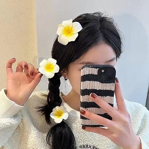 Geettcaifu 4 Pcs 7cm Hawaiian Frangipani Plumeria Foam Hair Clips, Head Flower Party Beach Hair Clips - White and Pink thumbnail 6