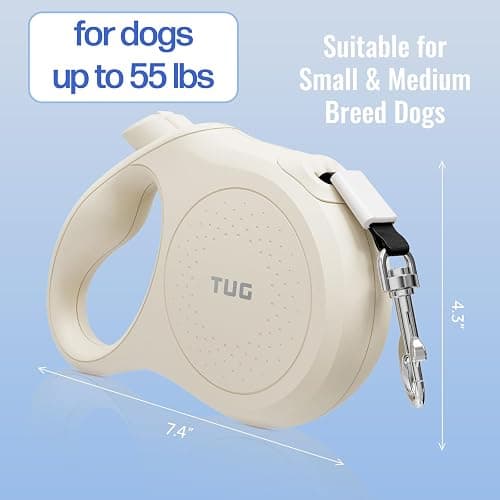 TUG Quest Retractable Dog Leash | 360° Tangle-Free Retraction | 16 ft Strong Nylon Tape (Medium, Cream) thumbnail 2