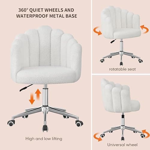 TRIOBLADE Boucle Desk Vanity Chair with Wheels with Thick Padded 360°Swivel Dressing Table Makeup Accent Chairs with Adjustable Height for Bedrooms Office Living Room Nail Women Girls (White) thumbnail 3