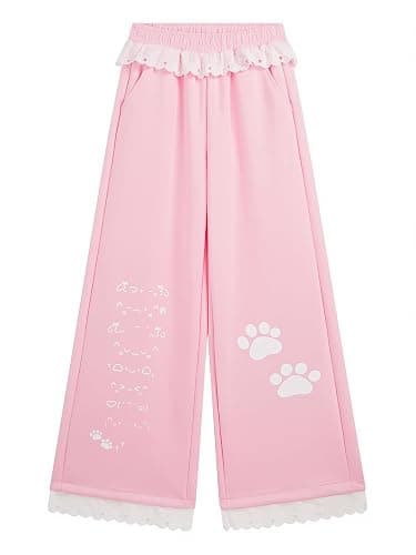 Women Kawaii Cat Paw Wide Leg Sweatpants Lace Trim Coquette Y2K Loungewear thumbnail 9