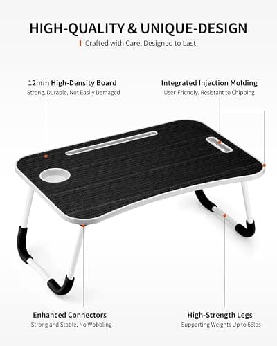 FISYOD Foldable Laptop Table, Portable Lap Desk Bed Table Tray, Laptop Stand with Cup Holder & Tablet Slot & Lifting Handle for Working Writing Drawing & Eating (Black Grain) thumbnail 6