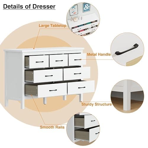 JOZZBY White Dresser for Bedroom with 7 Drawers, Modern Deep Drawer Dresser with Golden Handles, Wooden Storage Organizer Chest of Drawers for Office, Hallway thumbnail 7