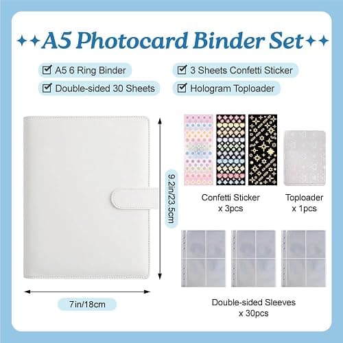 A5 Kpop Photocard Binder with 240 Pockets, Photocard Holder Album with 30 Double Sided Photocard Sleeves Pack, 6 Ring PU Leather Binder Cover, Cute Polaroid Organizer Book (White) thumbnail 3