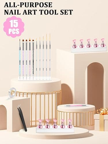 YOOVR Nail Art Tools Set, Nail Stand for Press on Holder for Painting Nails, Nail Art Brushes and Dotting Tools, Nail Design Tools Supplies, Gel Polish and Builder Brush, French Tip Brush, Liner Brush thumbnail 2