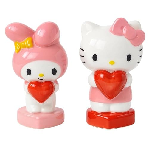 Blue Sky Clayworks Hello Kitty & My Melody Heart Salt & Pepper Shaker Set, Ceramic, 4.25" L x 2" W x 3.25" H, Sweetheart Table Duo - Image 1