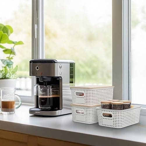 Plastic Storage Bins with Bamboo Lid - Plastic Storage Baskets with Lid - Stackable Container with Lable for Organizing: Small Storage Box for Shelves Office Cabinet Drawer ,10x7.2x4 In - White 6 Pcs thumbnail 5