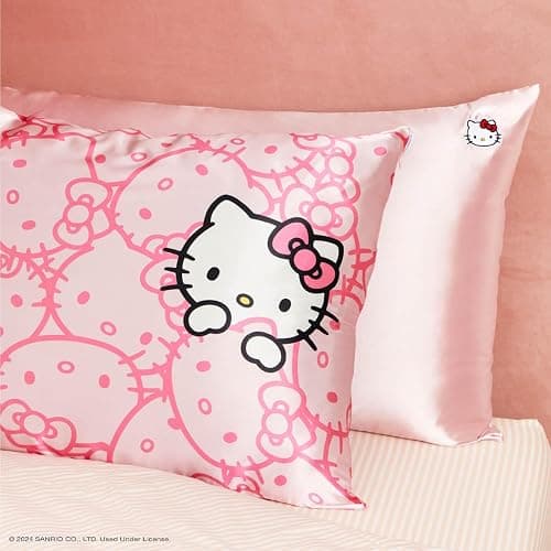 Kitsch x Hello Kitty Pillow Case – Solid Pink Kitty Face Toddler Bed Time Satin Pillowcase with Zipper – Soft Cooling Pillow Cover for Hair & Skin – Better Than Silk Pillowcase – Queen/Standard 19x26 thumbnail 7