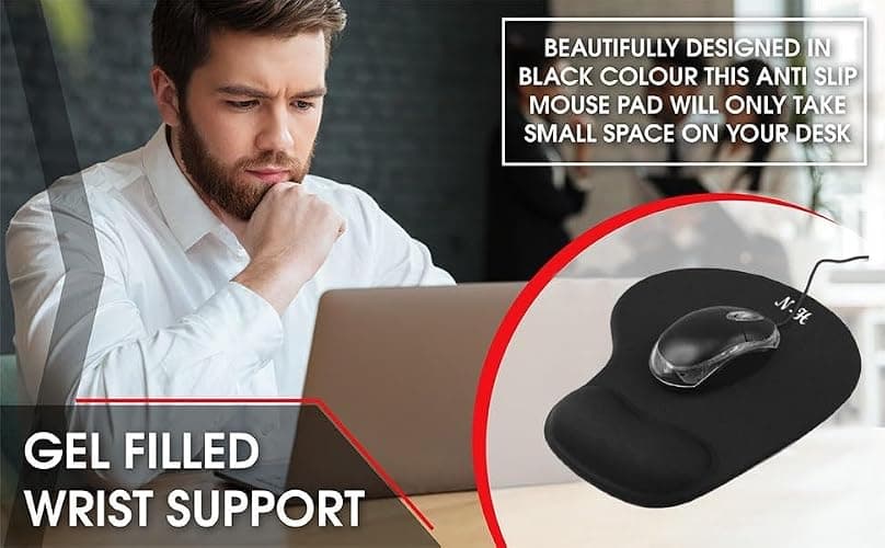 New Horrizon - Mouse Mat BLACK ANTI-SLIP COMFORT MOUSE PAD MAT WITH GEL FOAM REST WRIST SUPPORT FOR PC LAPTOP - Compatible with Laser and Optical Mice thumbnail 5