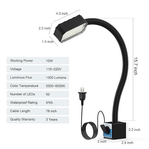 Magnetic Work Light, 1300 Lumens Led Machine Light with Strong Magnetic Base, Flexible Gooseneck Magnetic Lamp for Lathe and Drill Press, 10W 120V thumbnail 6