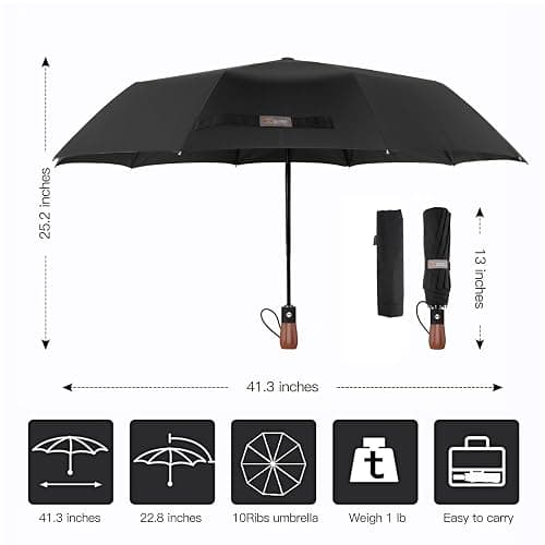 MIKAFEN Umbrella Windproof With Wood Handle - Travel and Automatic, Umbrella Compact for Men and Woman - with 10 Ribs Fiberglass and Compact Rain Protect（Black） thumbnail 3