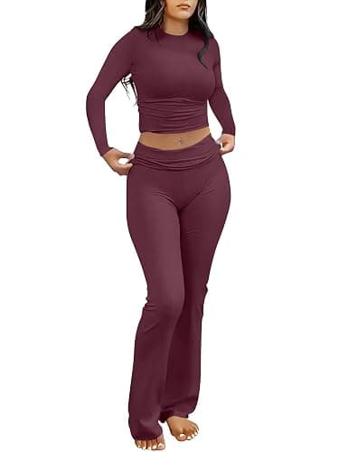 ANRABESS Women 2 Piece Outfits Fall Lounge Sets Long Sleeve Cropped Top Fold Over Flare Pants Comfy Pajamas Set Y2K Clothes - Image 1