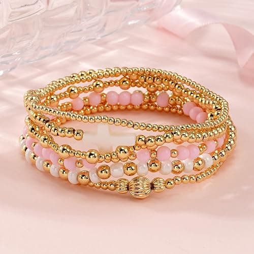 SHINUS BOHO 14K Gold Pearl Beaded Cross Bracelets Stack Set for Women,Stretch Boho Colorful Christian Beads Ball Jewelry Trendy Gift thumbnail 3