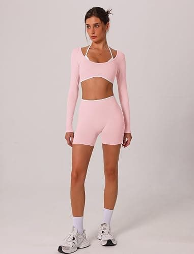 ABOCIW Workout Sets for Women 2 Piece Seamless Color Block Long Sleeve Crop Top Scrunch Butt High Waist Shorts Gym Set thumbnail 5