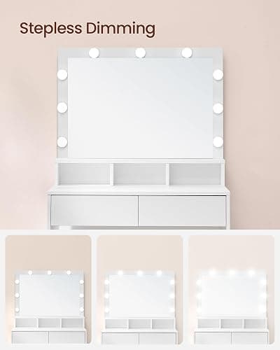 VASAGLE Vanity Desk with Mirror and Lights, Makeup Vanity with Large Mirror, LED Lights with Adjustable Brightness, Vanity Table, 2 Drawers, 3 Compartments, Modern Makeup Desk, Cloud White URDT120T14 thumbnail 5