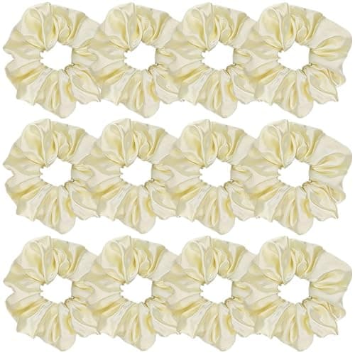12 Pcs Satin Silk Scrunchies Soft Hair Ties Fashion Hair Bands Bow Ropes Elastic Bracelet Ponytail Holders Hair Accessories for Women and Girls (4.5 Inch, Light Yellow) - Image 1