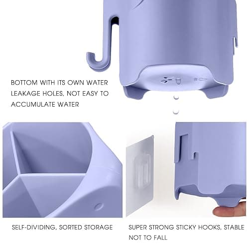 Hippywell Kids Toothbrush Holder, Cute Elephant Toothbrush Holders for Toddler, Toothbrush Toothpaste Holder for Bathroom, Toothbrush Organizer with 3 Slots and a Hook, Purple thumbnail 3