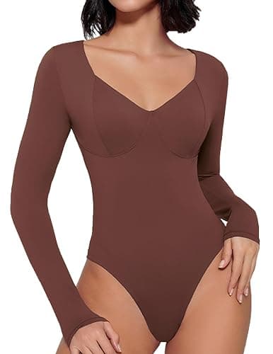 Avidlove Bodysuit for Women Long Sleeve Double Lined Tank Top V Neck Bodysuit Tummy Control Shapewear - Image 1