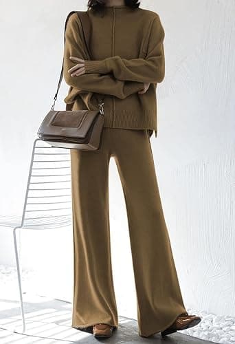Fixmatti Women Sweater Set 2 Piece Knit Sweatsuit Turtleneck Sweater Top and Wide Leg Pant Lounge Outfits thumbnail 3