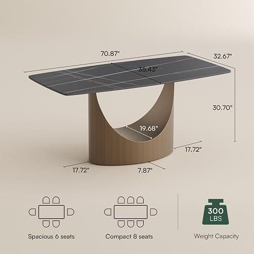 POVISON 71" Modern Dining Table for 6, Matte Black Heavy-Duty Dining Table, Sintered Stone Dining Tabletop with Bronze Carbon Steel Pedestal, 71 inch Rectangle Dining Room Table (Table Only) thumbnail 2