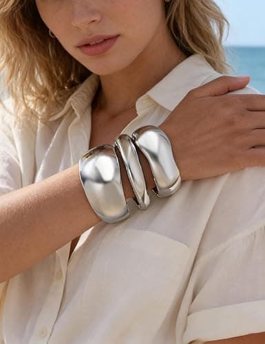 Chunky Gold Bangle Bracelets for Women, Dainty 14k Gold Plated Big Stackable Bangles Set, Trendy Statement Cuff Bracelet Stack Fashion Jewelry Gifts thumbnail 2