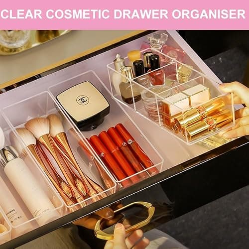 KARBAG Set of 2 Cosmetic Drawer Organiser, 3-Compartment & 1-Compartment Acrylic Makeup Organizer Stackable Organiser Makeup Vanity Organizer Trays Storage for Eyeshadow, Lipstick thumbnail 3