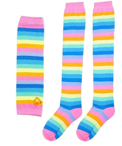 SherryDC Womens Girls Cosplay Rainbow Striped Knee High Socks Leg Arm Warmer Fingerless Gloves Set thumbnail 4