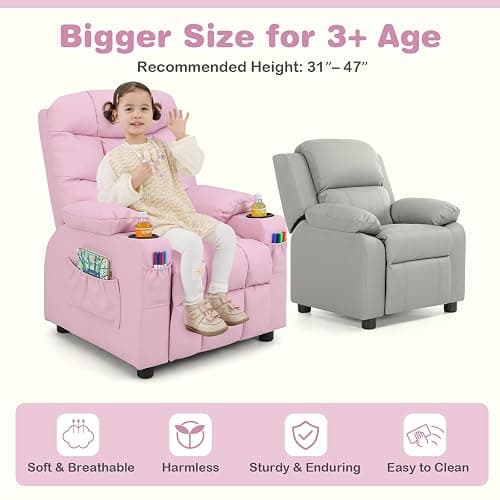 Costzon Kids Recliner Chair with Cup Holder, Adjustable Lounge Chair w/Footrest & Side Pockets for Children Boys Girls Room, Ergonomic Toddler Furniture Sofa, Kids Recliner (Pink) - Pink - 26” x 28” x 34” (L x W x H) thumbnail 9