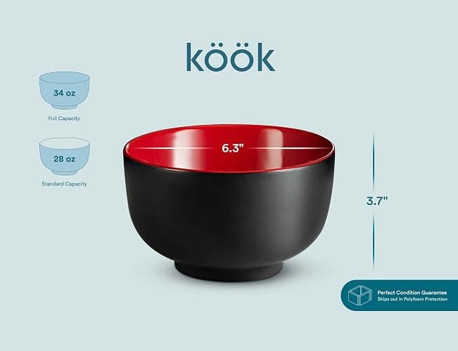 KooK Ramen Bowl, Japanese Bowls, Noodle Bowls, Large Soup Bowl, Ceramic, Large Capacity, For Ramen, Pho, Udon, Soba, Microwave and Dishwasher Safe, 34 oz, Set of 4 (Black/Red) thumbnail 2
