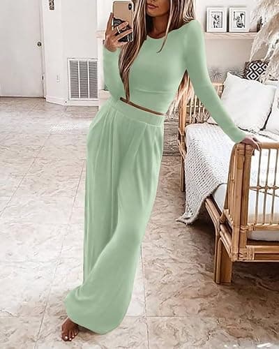 Ezbelle womenss Fall Fashion Lounge Sets Pajama Two Piece Cropped Pullover Jammies Outfits Casual Loungewear thumbnail 4