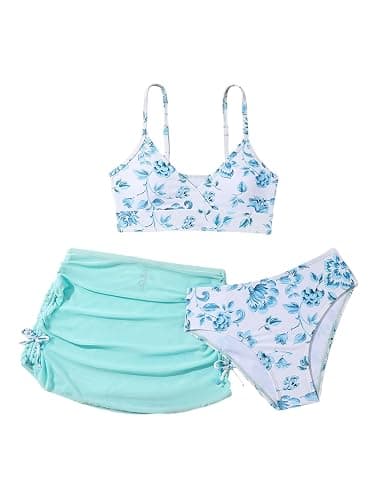COZYEASE Girls' 3 Piece Set Floral Print Bikini Swimsuit with Drawstring Beach Skirt Cute Ruched Bathing Suit - Image 1