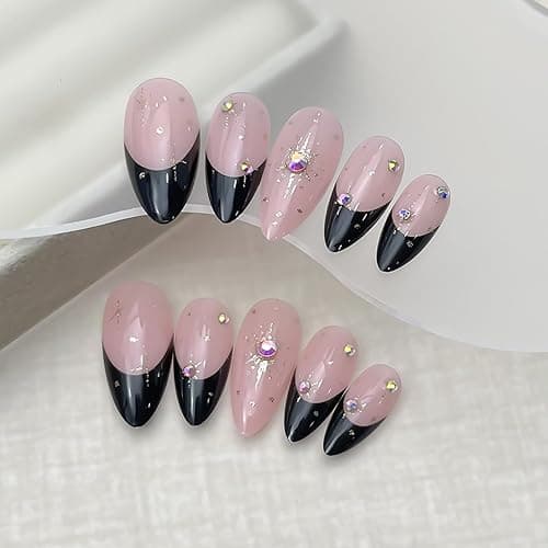 Black French Tip Press on Nails Medium Gold Glitter Rhinestones Design Almond Tip Press Ons False Nail Full Cover Artificial Nails Reusable Handmade Glue on Nails for Women 24Pcs thumbnail 3