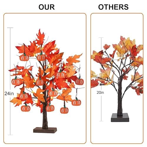 hogardeck Fall Decorations for Home, Thanksgiving Decorations, 24”2FT Lighted Maple Leaves Tree with 24 LEDs & 12 Wood Pumpkin Ornaments, Battery Powered Timer Artificial Trees for Autumn Table Decor thumbnail 2