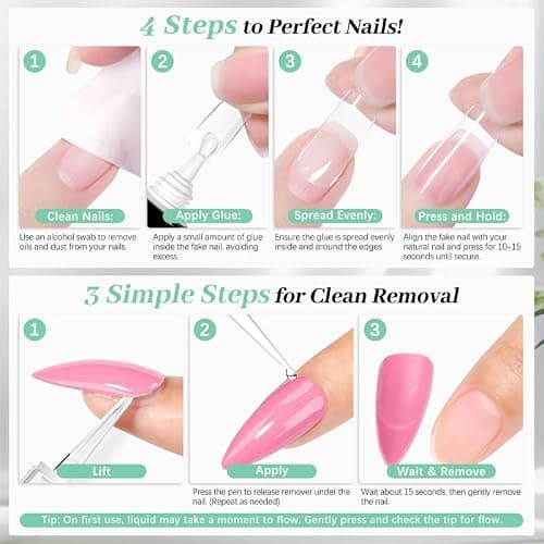 Nail Glue for Press Ons 10g & 5ml 2 in 1 Remover Pen Set, Quick Drying Semi Solid Glue on Nails No Lamp Needed Long Lasting 28+ Days, Gentle Removal Fake Acrylic Nail Tips Not for Gel Polish Base Coat thumbnail 8