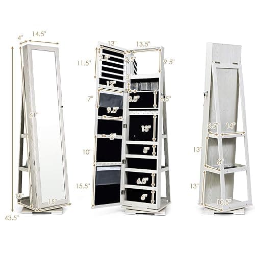 MAT EXPERT 360 Rotating Jewelry Armoire with Mirror, Freestanding Jewelry Storage Mirror w/78 Ring Slots, 24 Necklace Hooks, 120 Earring Slots, Lockable Jewelry Organizer for Makeup (White) thumbnail 3