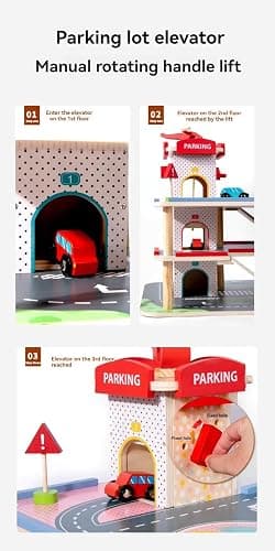 Wooden Toy Garage for Children 3+ Years with Cars Kids Car Ramp Parking 3 Level Car Park Gift Playset with Lift and Road Signs thumbnail 7