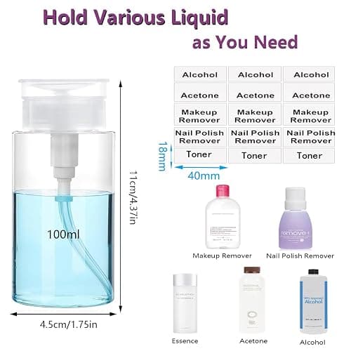 Push Down Pump Dispenser, 3.4oz Clear Pump Bottles with Alcohol, Acetone, Nail Polish Remover, Makeup Remover, Toner Stickers Empty Push Top Container for Liquid (100ml-2Pack) thumbnail 2