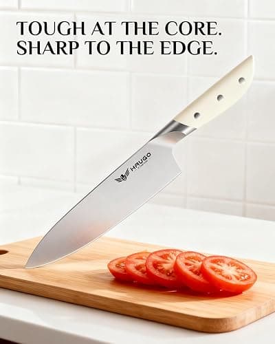 Haugo Kitchen Knife Set with Block: 14-Piece German Stainless Steel Full Tang Professional Knife - Comfortable Grip Reduces Hand Fatigue 30% - Dishwasher Safe & Sharpener - White Knife Set for Cooking thumbnail 5