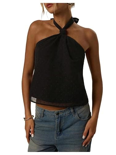 MakeMeChic Women's Tie Back Halter Tops Swiss Dots Knot Backless Sleeveless Tank - Image 1