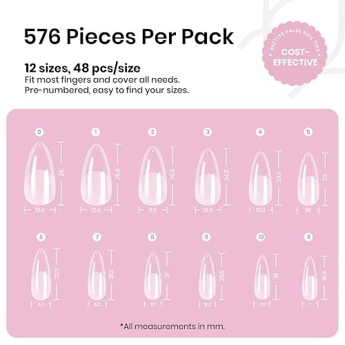 Beetles Medium Almond Nail Tips 576pcs 12 Sizes Pre-Etched Soft Gel Tips | Half Matte Full Cover Press on False Nail Tips Acrylic Nails DIY Extension Gift for Women thumbnail 5