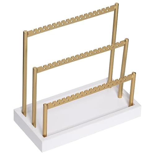 SANY DAYO HOME 3-Tier Earring Holder Organizer Stand, 105 Holes Gold Metal Earring Rack Jewelry Display Tree with White Wood Tray for Women and Girls thumbnail 6