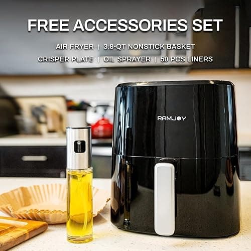 RAMJOY Air Fryer 3.8 Quarts for 1-2 people, 8-in-1 Functions, Air Fry, Roast, Bake, Broil, Preheat, Shake, Digital Small Air Fryer, Nonstick Dishwasher-Safe Basket, Compact Air Fryers, Black thumbnail 3