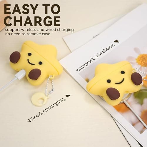Cute Case Compatible with AirPods 4 Case Cover 2024,Kawaii Funny 3D Cartoon AirPods 4th Genaration Case,Star Shape Silicone Protective Cover with Cleaner Kit and Keychain for Women Girls(Yellow) thumbnail 3