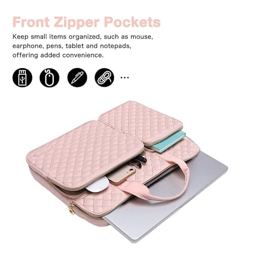 MOSISO 360 Protective Laptop Case 14 inch, 14 inch Laptop Sleeve | Compatible with HP Lenovo Dell ASUS Acer, HP Stream, Dell Latitude,Square Quilted Bag with 2 Pockets&Handle&Belt, Chalk Pink thumbnail 4