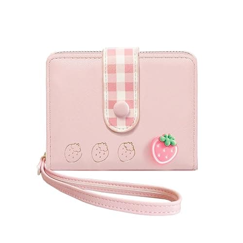 Sunwel Fashion Strawberry Wallet Card Holder Small Cute Wallet Zipper Coin Pocket Wallet for Women Girls (PINK) - Image 1
