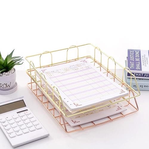 XINGHE Lot de 2 Corbeille Fichier Organisateur en Métal Empilable de Bureau, Classeur Papier Lettre Organisateur Plateau de classement A4 en métal pour la Maison (Doré) thumbnail 6