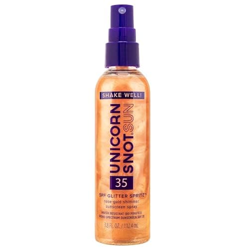 Unicorn Snot Glitter Sunscreen Spritz - SPF 35 Shimmering, Lightweight Spray Sunscreen for Face & Body Glow - UVA/UVB Protection - Water Resistant, Unscented - Made in USA -Rose Gold Shimmer - Image 1