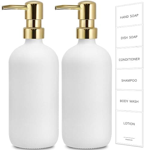 GMISUN White Soap Dispenser, 2 Pack Glass Hand Soap Dispensers Bathroom with Gold Pump, 17 Fl Oz Dish Soap Dispenser Set for Kitchen, Refillable Modern Liquid Soap and Lotion Dispensers Bottle - Image 1