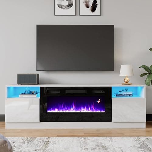 AMERLIFE TV Stand with Fireplace, LED Light Entertainment Center with 36" Electric Fireplace, 70" Modern Wood Entertainment Stand with Highlight Storage Cabinet for TVs up to 80", White & Black thumbnail 6