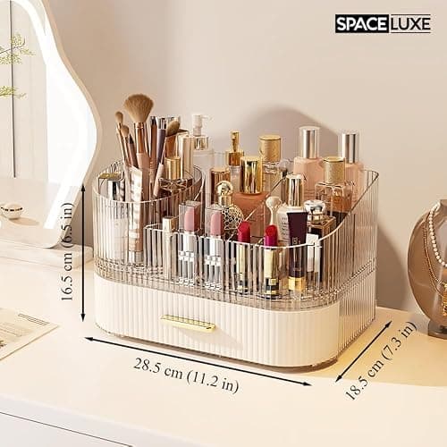 SpaceLuxe Makeup Organizer with Drawers and 360° Rotating Brush Holder, Large Capacity Cosmetic Storage for Vanity, Skincare, Perfume, Hair Accessories, Lipstick & Jewelry (Cream White, 2-layer) thumbnail 2